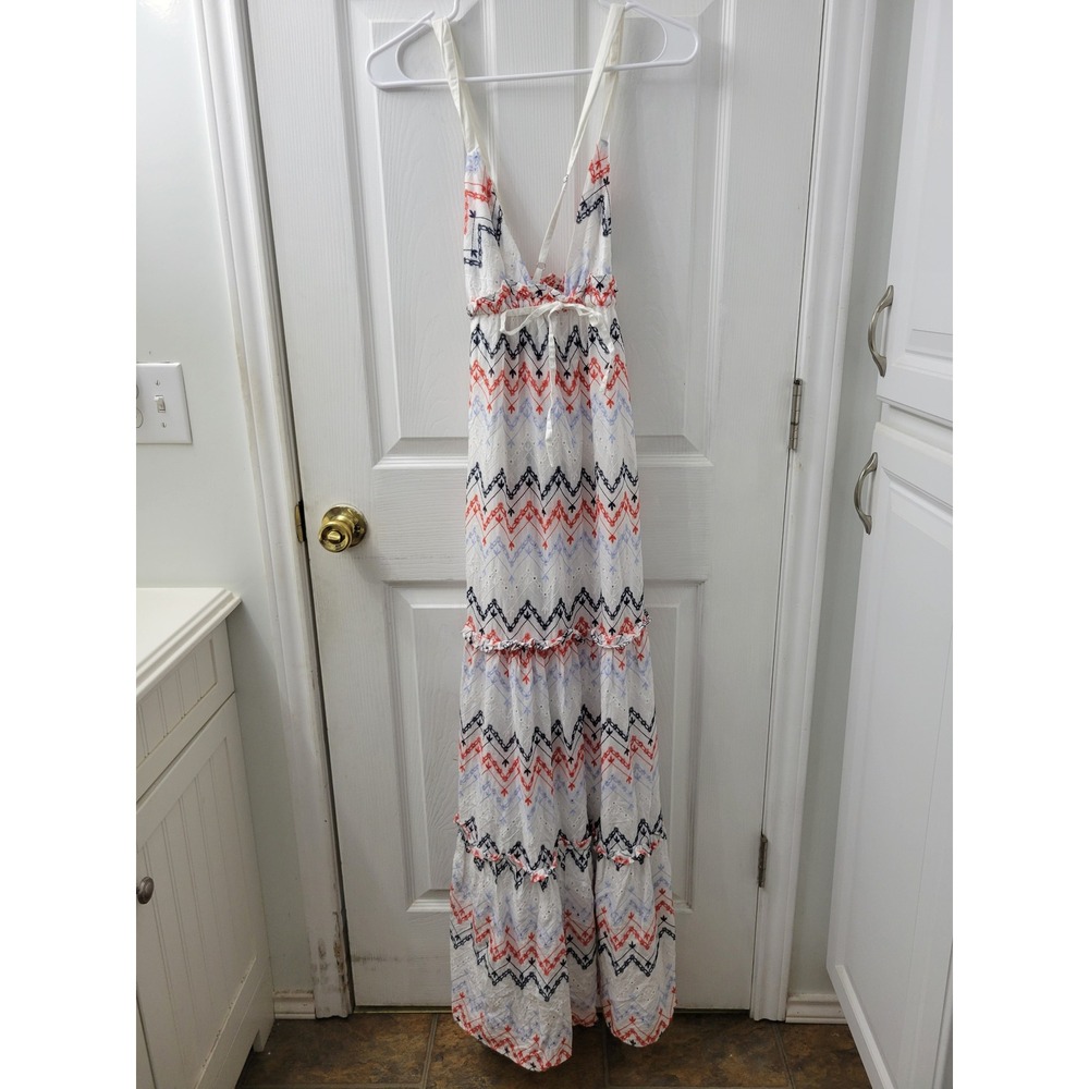 Sabina Musayev Embroidered Eyelet Tiered Maxi Dress White Red Blue Small